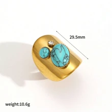 VKHK 1pc 18K Gold Plated Stainless Steel Turquoise Decor Open Ring, Suitable For Women's Daily Wear & Wedding, Gift
