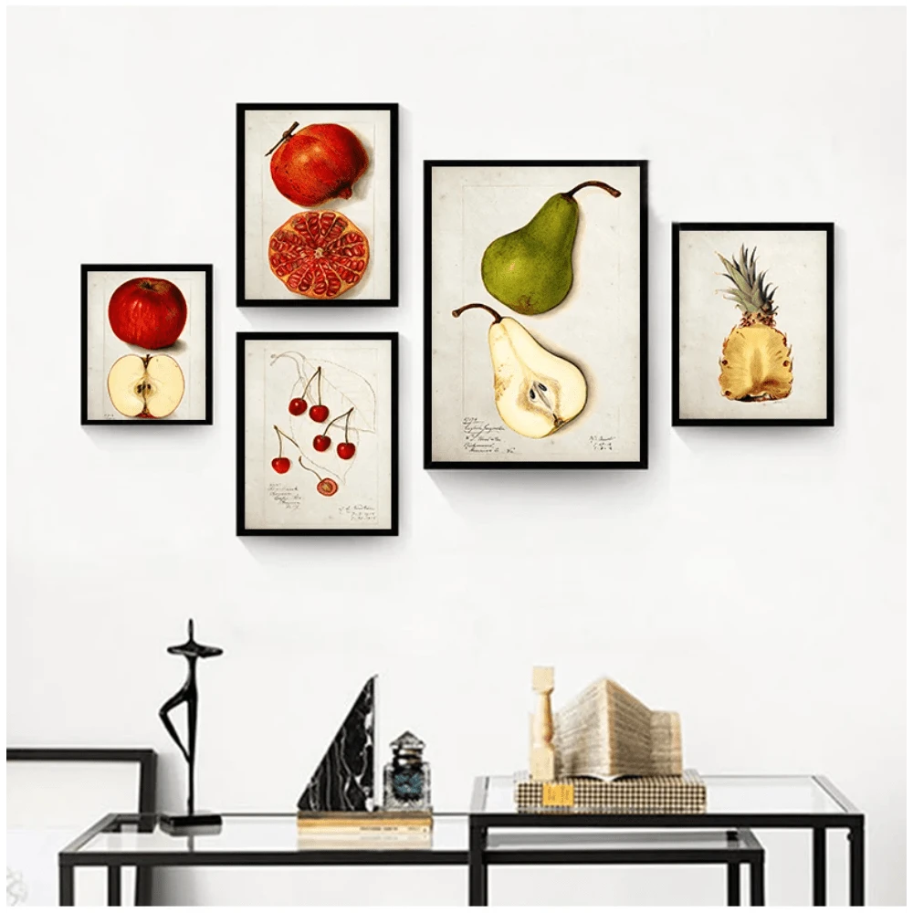 1pc Fruit Kitchen Vintage Antique Canvas Painting Pear Apple Orange Pineapple Wall Art Decorative Picture Canvas Painting Optional Frame