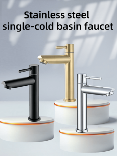 1 pieza Grifo de agua fría de acero inoxidable de una sola manija para lavabo de baño, grifo de baño negro, grifo de baño de un solo orificio, grifo de baño de una sola manija, grifo de agua fría para baño, inodoro, fregadero de hotel, grifo de lavabo de baño de agua fría, rosca de entrada de agua G1/2, (cromo, negro, oro cepillado, seleccionable)