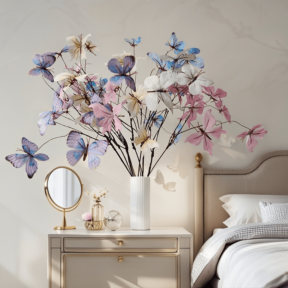 Flores artificiales, 5 ramas muertas de mariposa para decoración del hogar, ventanas y jardín, vitrinas de ventana y flores, simulación 3D de mariposa soñadora de una sola rama