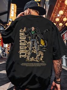 Crocodile Shichibukai One Piece T-Shirt Cartoon 100% Cotton Unisex Plux Size Fashion Punk Street Casual Shirt Men Women Streat Streatwear Immediate Shipping - 黑色 - 查看 3