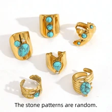 VKHK 1pc 18K Gold Plated Stainless Steel Turquoise Decor Open Ring, Suitable For Women's Daily Wear & Wedding, Gift