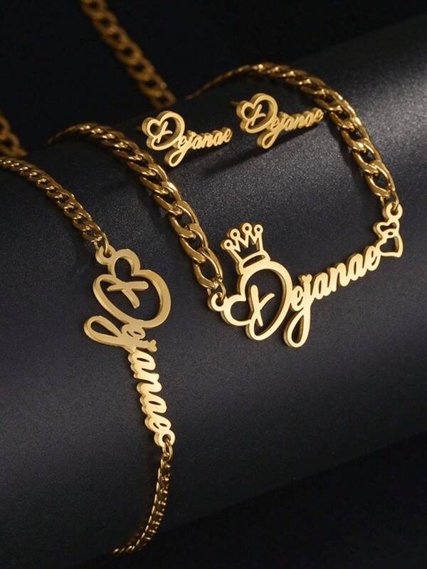 1 Piece Of DIY Custom Hollow Letter Necklace, Bracelet, Earring Set,Birthday Gift,Adjustable Charm Bracelet Bracelet, Earring Set For Boy Girl Baptism Birthday Gift Stainless, 18k Gold Plated Stainless Steel Jewelry Set, Including High-End Exquisite Gift Box, Family, Loved Ones,Mother's Day, Holiday Gifts