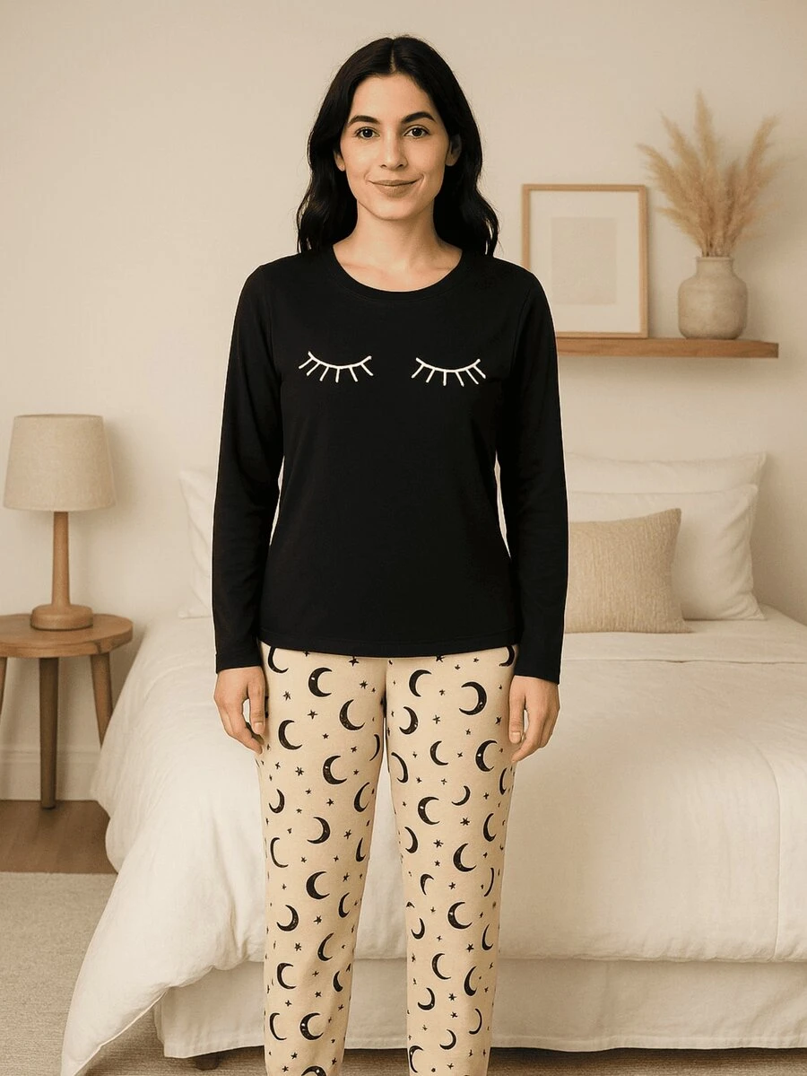 Moon Print Long Sleeve Pajama Set Eyelashes Eyes Trousers - Black - View 1