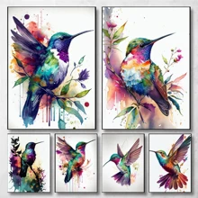 1PC Watercolor Colorful Birds Hummingbird Flower Wall Art Canvas Painting For Living Room Home Decor Optional Frame