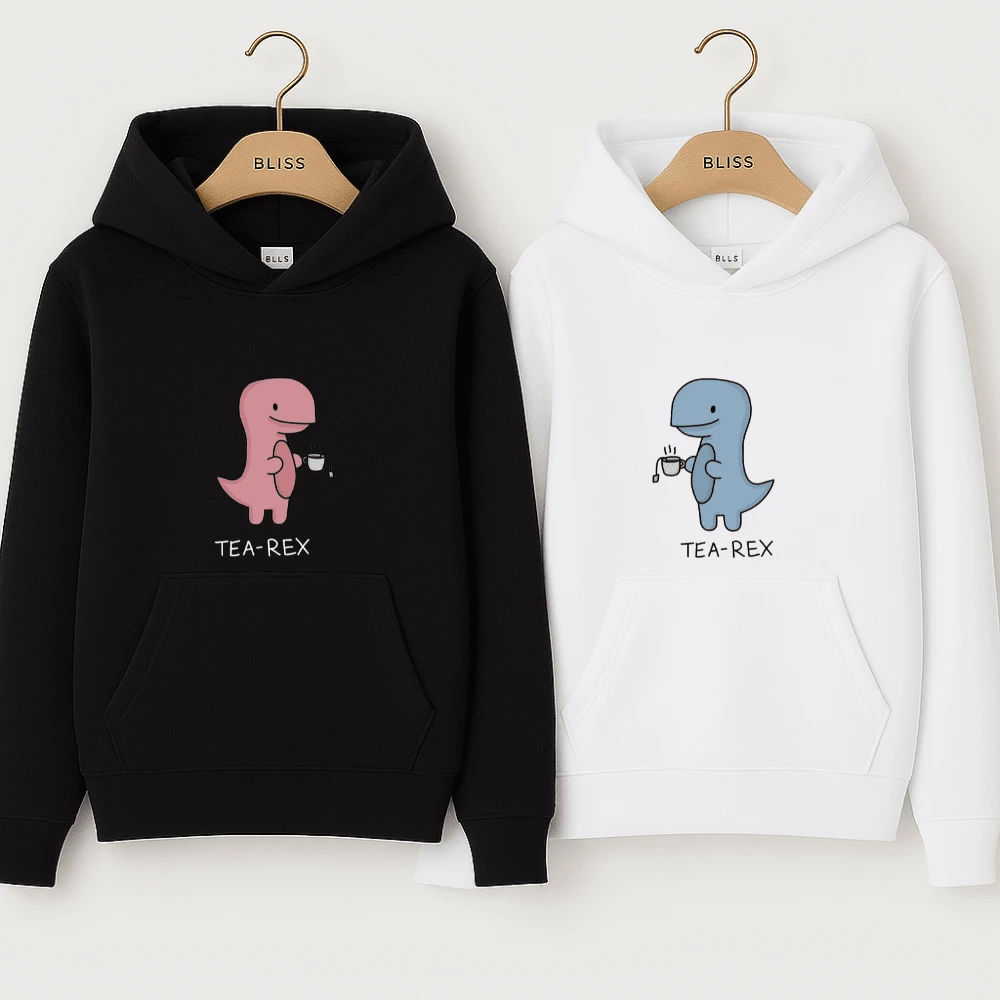Moletom Canguru Casal Namorados Estampa Dinossauro Tea Rex Fofo Combinado Par Conjunto Tecido Confortável Apaixonado Menina Menino Lindo Fofo - Masculino - Branco - Visão 1