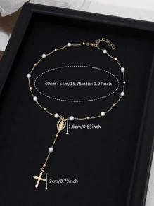 1pc Vintage Cross & Virgin Mary Pendant Y-Necklace With Faux Pearl, Women Accessory For Party And Everyday Wear (Random Pearl Quantity)