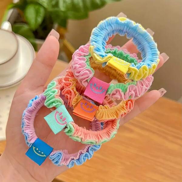 5pcs Sweet Candy Color Lace Pleated Hair Bands - Elastic Rubber, Suitable For Fashion Hairstyle, Great Gift For Various Occasions