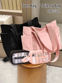 女士大容量牛津布手提包 - 休闲简约拉链开合和固定肩带、沙滩手提包、夏季购物袋、化妆收纳袋、洗漱包、手拿包、轻便可折叠收纳袋、轻便耐用的通勤包，适合大学生、工作、日常使用，适合旅行、海滩、教师礼品袋、母亲节礼物、毕业礼物