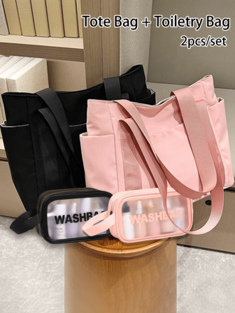 Bolso de tela Oxford de gran capacidad para mujer - Cierre de cremallera minimalista casual y correas de hombro fijas, bolso de playa, bolso de compras de verano, bolso de almacenamiento de maquillaje, bolso de aseo, bolso de embrague, bolso plegable ligero, bolso de transporte ligero y duradero para estudiantes universitarios, trabajo, uso diario, adecuado para viajes, playa, bolso de regalo para maestros, regalo del día de la madre, regalo de graduación