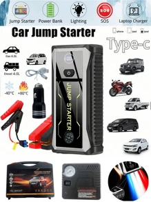 بادئ تشغيل السيارة، شاحن بطارية السيارة، بنك طاقة بادئ التشغيل (يصل إلى 10 لتر بنزين أو 8.5 لتر) مع شاحن محمول، ضوء طوارئ LED، مطرقة، بوصلة