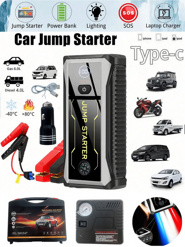 Auto Starthilfe, Spitzen-Autobatterie-Ladegerät, Starthilfe Powerbank (bis zu 2,64 Gallonen Benzin oder 2,25 Gallonen) mit tragbarem Ladegerät, Notfall-LED-Licht, Sicherheitshammer, Kompass