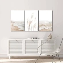 Conjunto de 3 impresiones de arte de pared estilo boho sin marco de temática costera neutra, incluye impresión de pasto pampa, minimalista, fotografía paisajística del océano, decoración estética para el hogar, arte de pared impermeable en lienzo, pintura mural para regalo, dormitorio, sala de estar, oficina, baño, hogar y decoración de dormitorio