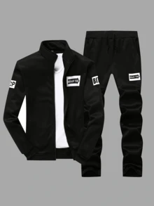 Men's Solid Color Casual Sportswear Set With Letter Printing - màu đen - Xem 3