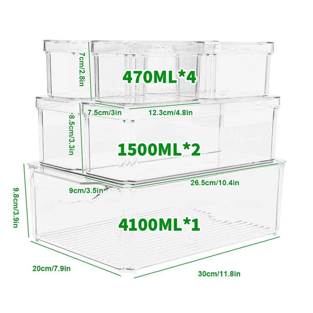 7/10PS Fridge Box Holder Kitchen Clear Organiser Cupboard Food Storage Container Stackable With Lid Set - Transparent - 7PCS - View 1
