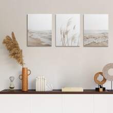 Conjunto de 3 impresiones de arte de pared estilo boho sin marco de temática costera neutra, incluye impresión de pasto pampa, minimalista, fotografía paisajística del océano, decoración estética para el hogar, arte de pared impermeable en lienzo, pintura mural para regalo, dormitorio, sala de estar, oficina, baño, hogar y decoración de dormitorio