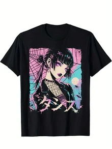 Goth Grunge Demon Anime Girl Waifu Horror Alt Aesthetic T-Shirt Women's Plus Size Cotton T-Shirt, Soft And Breathable Short Sleeve, Perfect For Daily Wear, Outdoor Activities, Travel, And Casual Style, Comfortable All-Day Fit! - 黑色 - 查看 1