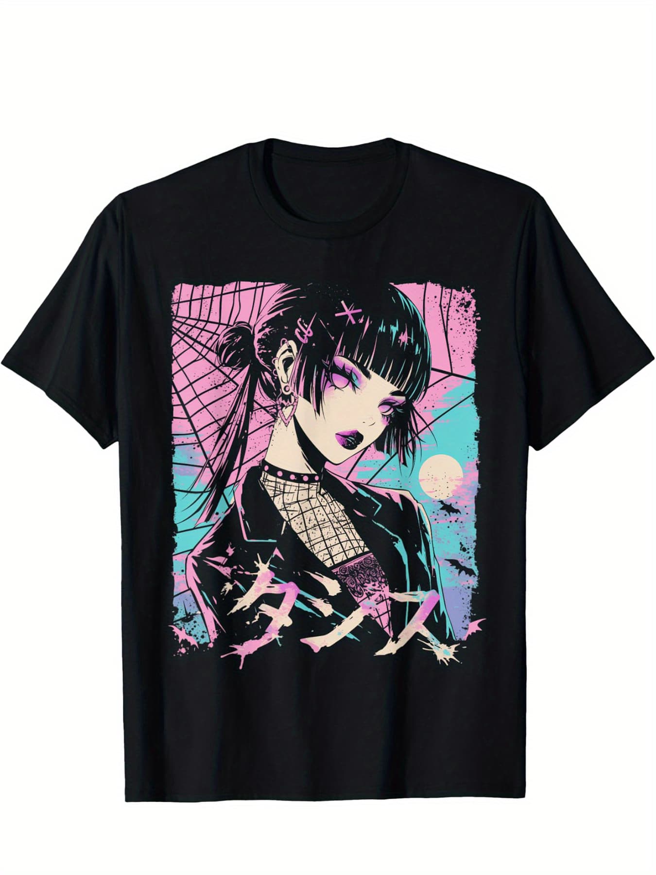 Goth Grunge Demon Anime Girl Waifu Horror Alt Aesthetic T-Shirt Women's Plus Size Cotton T-Shirt, Soft And Breathable Short Sleeve, Perfect For Daily Wear, Outdoor Activities, Travel, And Casual Style, Comfortable All-Day Fit! - 黑色 - 查看 1