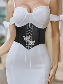 1pc Women's Elastic Waistband WithButterfly Decorative Buckle, Belt WideTie Waist Strap, Fashion Accessory ForShirt Dress Halloween Waist TrainerWomen Corset Belt Accessories ForLadies For Dress Western CowboyCowgirl Country Wear Vintage Black Belt Women Corset Belt For Dress,Waist Trainer Waist-Shaping For Waist Slimming And Tummy Control - Black - View 4