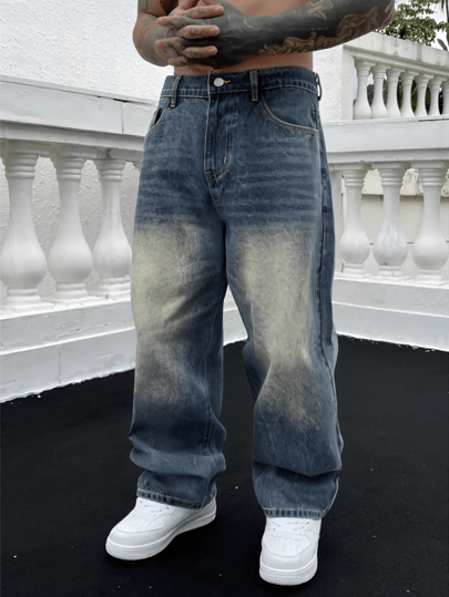 Blugi denim pentru bărbați, stil vintage, spălați, cu picior drept, lejer