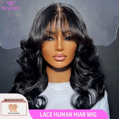 WALSDI 10-36 英寸长黑色空气刘海波浪假发 - 无胶、自然造型、高密度 200% 百搭造型，适合所有女性，高密度 36 英寸 5x5 波浪蕾丝前假发，巴西处女真人混合发，耐高温纤维合成混合假发，适合女性
