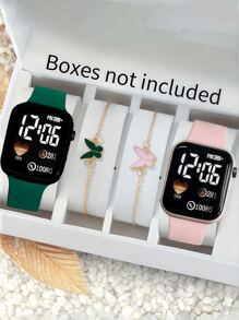 4pcs/Set 2pcs Cartoon Heart Square Digital Watch And 2pcs Butterfly Bracelet Valentine's Day Gift Christmas Gift Graduation Gift Couple Gift Couple Watch Bracelet The Best Choice For Halloween, Christmas, Valentine's Day, Mother's Day, Holiday Gift