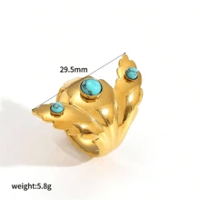 VKHK 1pc 18K Gold Plated Stainless Steel Turquoise Decor Open Ring, Suitable For Women's Daily Wear & Wedding, Gift