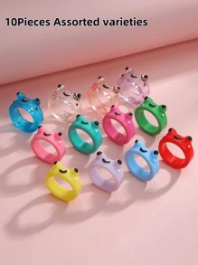10 sztuk/opakowanie słodkie kreskówkowe żaby żywiczne pierścienie, kolorowe przezroczyste akcesoria, losowe style, uniwersalne do codziennego noszenia, upominki na przyjęcia lub prezenty