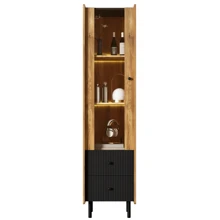 Credenza in legno con 3 scomparti e 2 cassetti, vetrina in vetro con illuminazione LED gialla (180 x 44 x 40 cm)