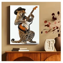 1pc Frameless Fun Animal Playing Guitar Posters Fashion Fox Bear Vintage Painting Printed Canvas Wall Arts Modern Living Room Bedroom Dormitory Bar Club Wall Decoration Home Decoration