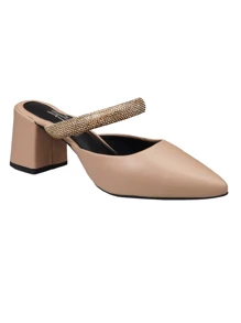 AC. ANA CRISTINA FOOTWEAR Sapato Mule Feminino Salto Bloco Confortavel Tiras Enfeite    básico  elegante    Couro PU    Strass    Scarpin  Escritório  Festa  Casamento    OUTONO/INVERNO