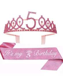 2pcs/Set 4th 5th 6th 7th 8th 9th 10th 12th 13t 16th Birthday Gift Party Favor Rhinestone Crown Jewelry Peony Ribbon Number Etiquette Rose Flower Shoulder Strap Onion Powder Cloth Belt Holiday Dress Up Set Fashion Number Delicate Crown Tiara Hair Accessories It's My Birthday For Pink