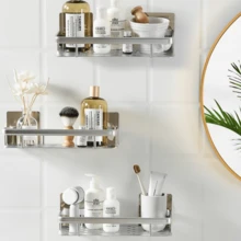 Suporte de chuveiro de parede com grande capacidade, instalação sem perfuração, prateleira flutuante para banheiro e cozinha, economiza espaço e é fácil de instalar, para armazenar produtos de higiene pessoal, feito de alumínio, acessórios para banheiro, decoração de ambiente