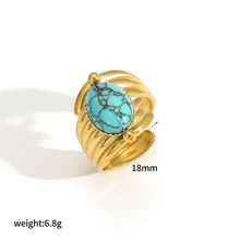 VKHK 1pc 18K Gold Plated Stainless Steel Turquoise Decor Open Ring, Suitable For Women's Daily Wear & Wedding, Gift