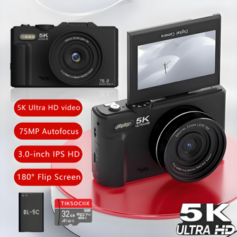 5K UHD 和 75MP 数码相机 - Wifi Vlogging 相机，18 倍变焦，3 英寸 180° 翻转屏幕，自动对焦和防抖，紧凑型旅行相机，用于直播，32GB SD 卡和 1150mAh 电池，适合初学者摄影，具有可调设置