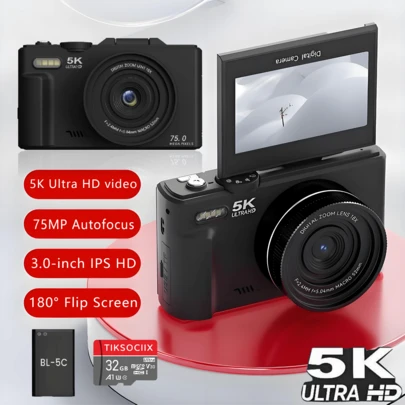 5K UHD 和 75MP 数码相机 - Wifi Vlogging 相机，18 倍变焦，3 英寸 180° 翻转屏幕，自动对焦和防抖，紧凑型旅行相机，用于直播，32GB SD 卡和 1150mAh 电池，适合初学者摄影，具有可调设置