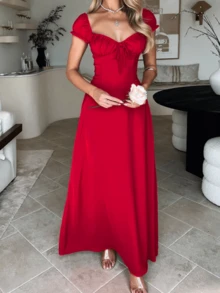OhhNeed 女款夏季低領短袖綁帶設計洋裝，優雅女款長版針織心形領口洋裝，胸前飾有抓皺與打結細節 - 紅色 - 查看 9