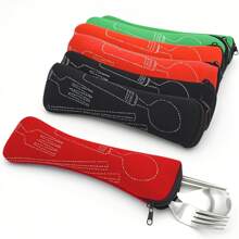 1 pieza Bolsa de almacenamiento para juego de cubiertos de acero inoxidable multicolor | Estuche reutilizable para transportar - 24 cm, para trabajo, escuela y viajes al aire libre, sin incluir tenedor, cuchara, cuchillo, accesorios de picnic
