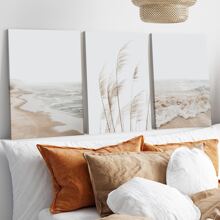 Conjunto de 3 impresiones de arte de pared estilo boho sin marco de temática costera neutra, incluye impresión de pasto pampa, minimalista, fotografía paisajística del océano, decoración estética para el hogar, arte de pared impermeable en lienzo, pintura mural para regalo, dormitorio, sala de estar, oficina, baño, hogar y decoración de dormitorio