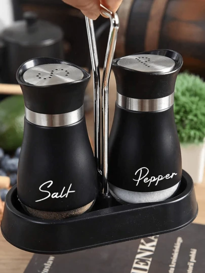 2pcs Salt And Pepper Shaker Set, Glass Seasoning Bottles, Cute Condiment Jars, Suitable For Outdoor Picnic & BBQ, Black/Silver