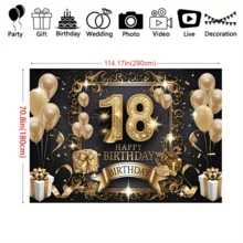 1 pieza Fondo de tela para fiesta de cumpleaños número 18, hecho de poliéster, con un diseño elegante de globos, cajas de regalo y estrellas en color negro y dorado. Es perfecto para decoración de interiores, decoración exterior, fiestas de cumpleaños y recuerdos fotográficos, y no requiere electricidad