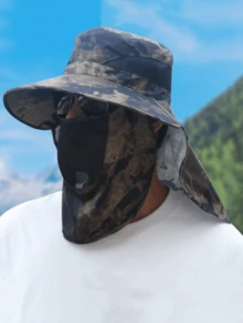 1 件迷彩可拆卸面罩可转换遮阳帽，透气网眼宽边户外钓鱼帽男士遮阳帽夏季帽子，适合徒步和钓鱼等夏季户外活动
