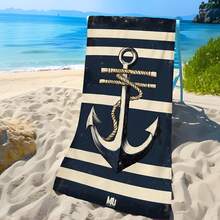 1pc Nautical Striped Anchor Print Beach Towel - Soft, Lightweight, Sand-Proof, Quick-Drying Microfiber, Suitable For Travel, Swimming, Surfing, Yoga, Camping And Beach Accessories, Beach Essential | Modern Towel | Lightweight Beach Towel Beach Essentials - Multicolor - View 2