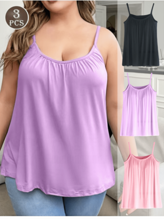 3pcs Plus Size Women's Vest, Loose Viscose Seamless Unlined Adjustable Strap Camisole