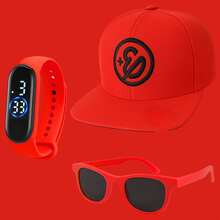 Kit Influencer Infantil Unissex  - Relógio LED Menino Menina + Óculos Fashion + Boné  Presente Várias Cores - Vermelho - Visão 2