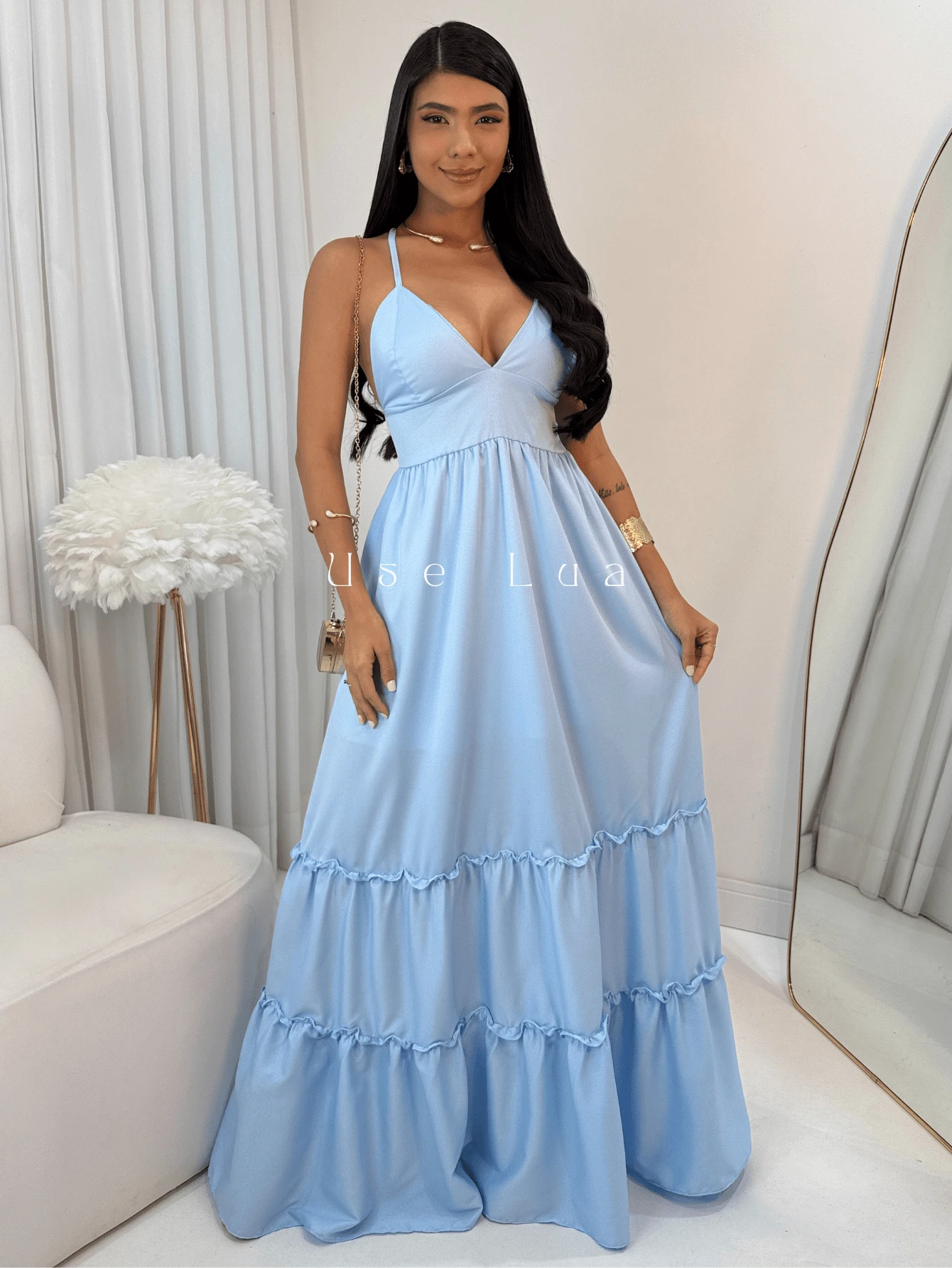 Ta na lua Closet Long Floral Dress Printed Flowers Elegant Party Fabric Backless / Backless - Blue - View 1
