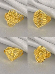 女士复古浮雕戒指，小众设计三叶草、心形、叶形镂空戒指，18K镀金，奢华中东复古珠宝，日常百搭魅力礼物 - 金色 - 查看 1