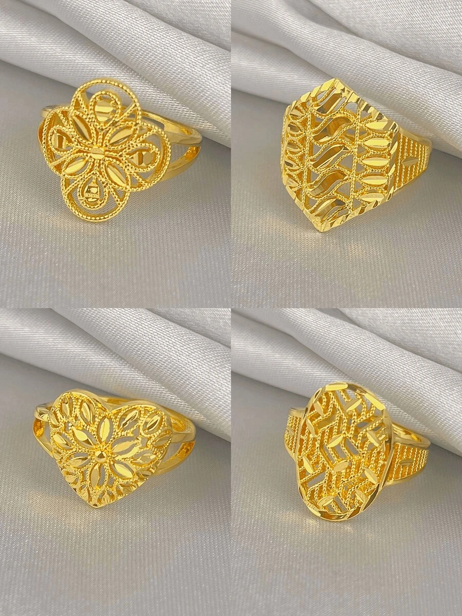 女士复古浮雕戒指，小众设计三叶草、心形、叶形镂空戒指，18K镀金，奢华中东复古珠宝，日常百搭魅力礼物 - 金色 - 查看 1