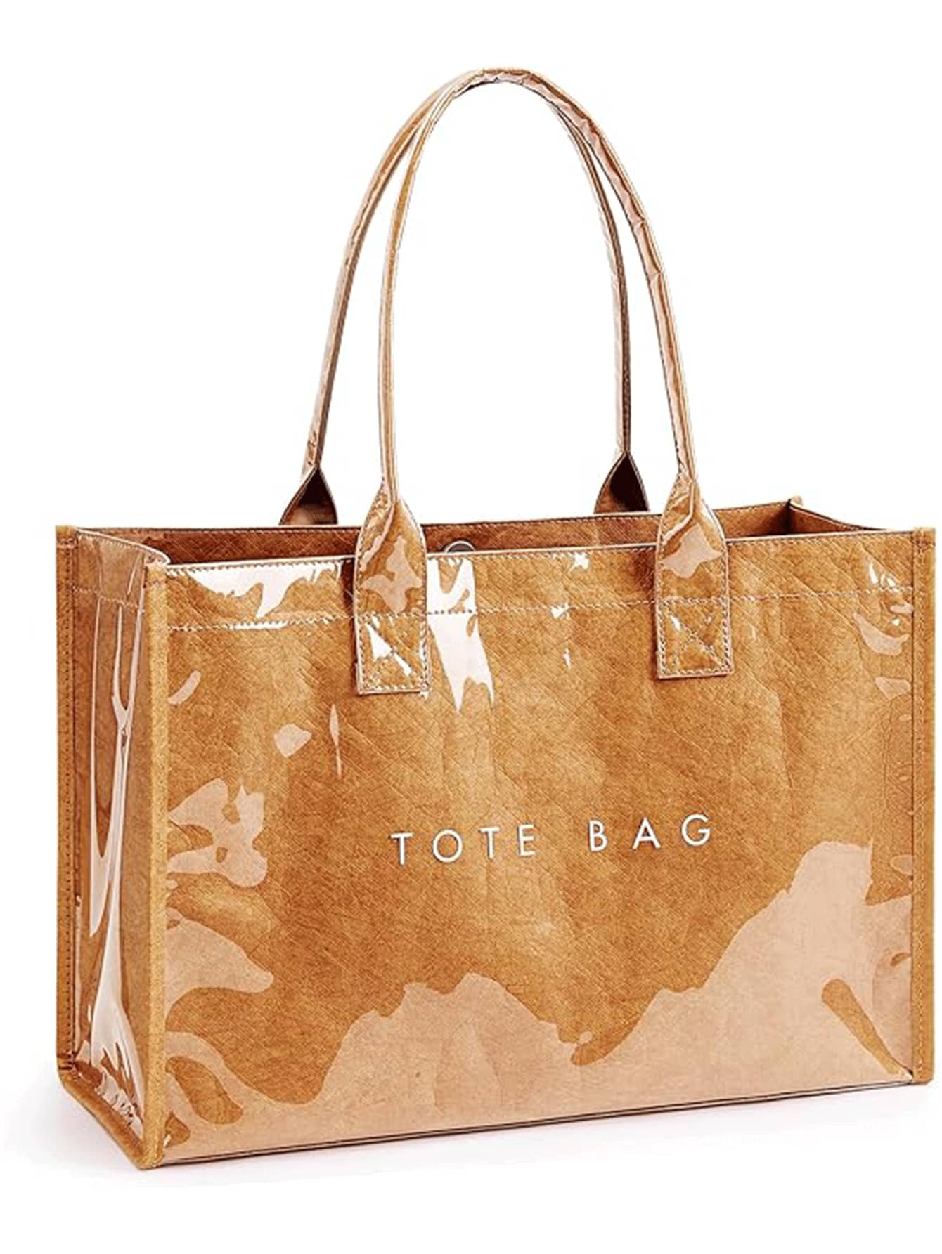 大容量透明果冻包，带材质提手，防水，韩版中性风，时尚复古休闲街头风手提包，日式慵懒风，适合学生、健身、瑜伽、旅行、妈妈包等场合，简约星形图案，绉纹质感，复合纸材质 - 棕色 - 查看 1