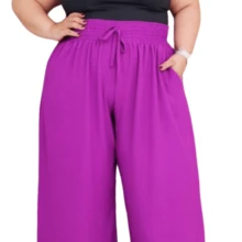 Women's PLUS SIZE Wide Leg Pants With Firm And Structured Waistband, Very Fluid, Fits Up To Size 60 - 玫瑰紅 - 查看 2